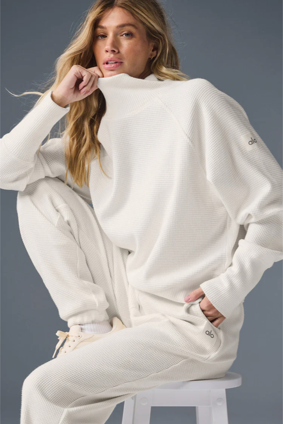 Waffle Weekend Escape Mock Neck Long Sleeve - Black